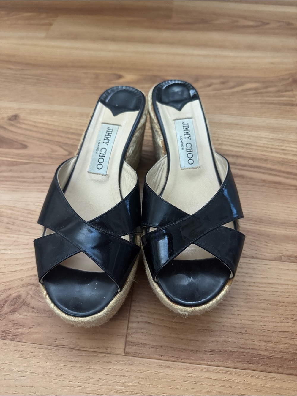 Jimmy Choo Black Patent Leather Espadrille Wedge Sandals